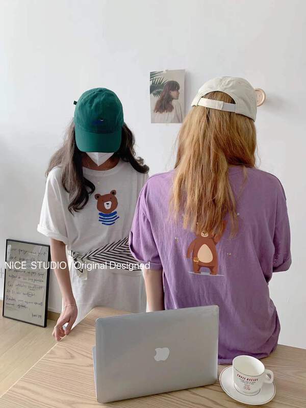 [nice studio] bear print loose short sleeve T-shirt 66066# zxl