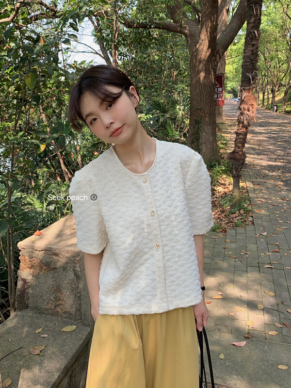 goods in stock! New in early summer! [seek peach] lace bubble sleeve aging shirt 5158# ll
