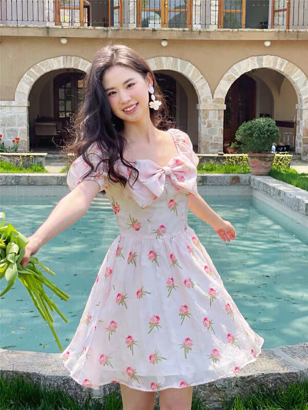 [Yingying new clothes] double bow pink jacquard tulip printed square neck dress 7352# Cl
