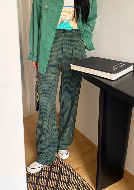 goods in stock! New year in early spring! [Sue studio] high waist back elastic waist Plaid wide leg casual pants 99957# ZSY