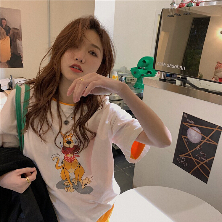 New year in early spring! [timely rain] Korean style ins loose cotton Funny Dog Print short sleeve T-shirt (T-shirt only) f455# WPL