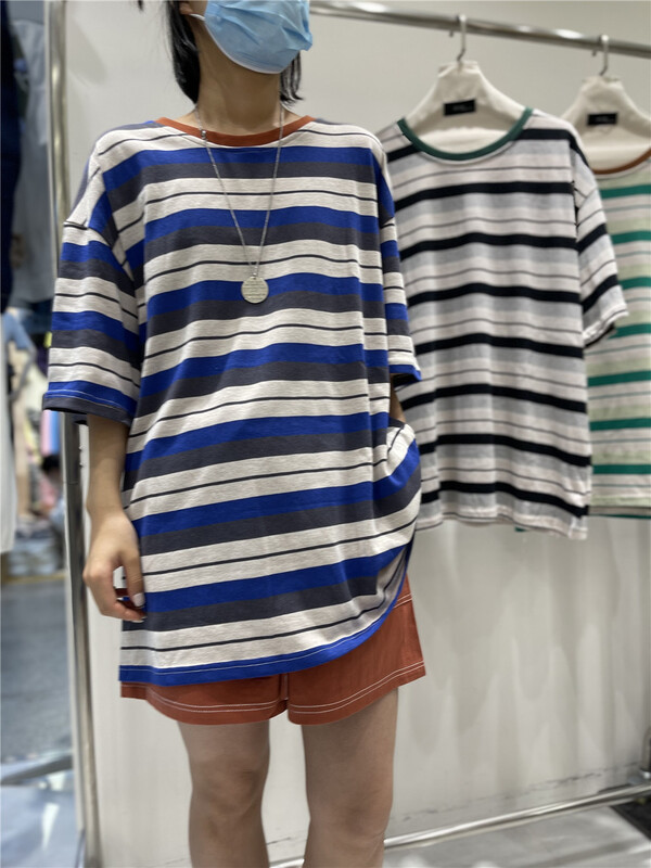 New in early summer! [hnhl original] Korean round neck contrast stripe short sleeve T-shirt 17862# XYY