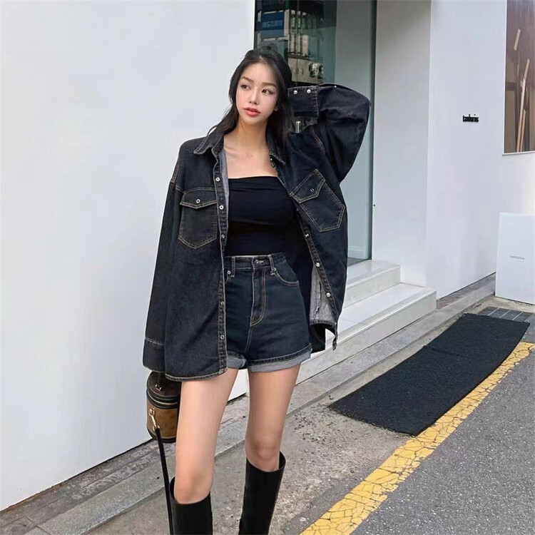 goods in stock! [ajroom] Korean casual loose denim jacket + casual denim shorts two piece suit 2037# cqw