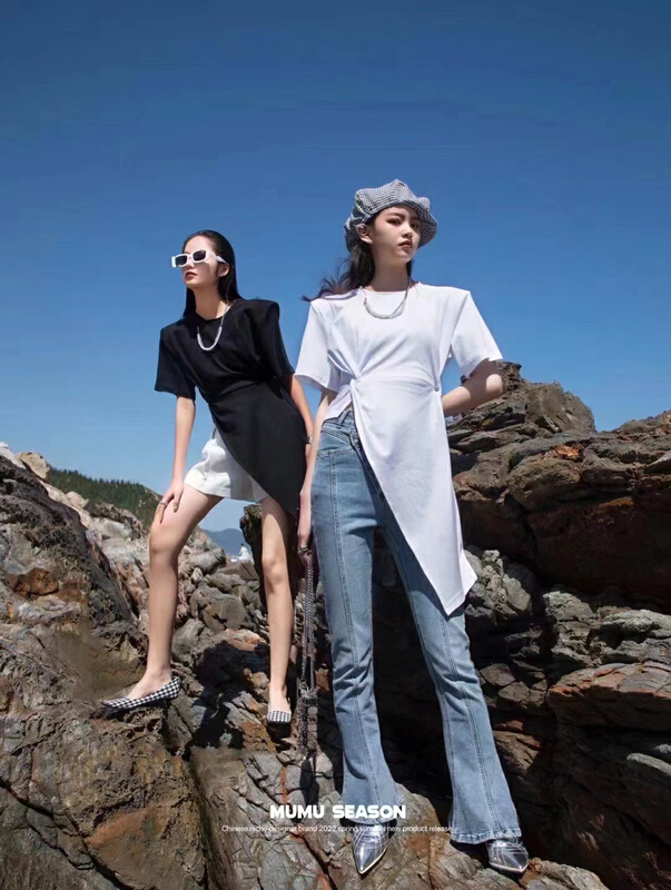 [top] irregular hem round neck ins short sleeve T-shirt (with chain) 2067# zjy