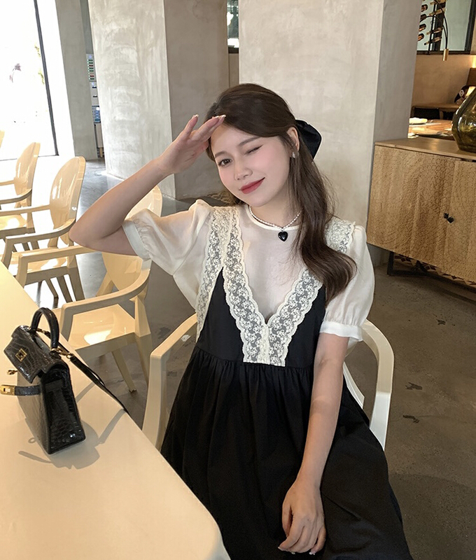 [y.jia Yijia] gentle fake two piece bubble sleeve lace dress ys1-1058# PCZ