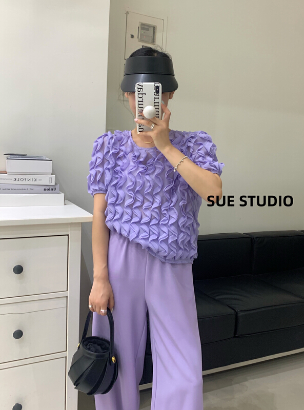 [Sue studio] wavy pleated Round Neck Shirt 99976# zjy