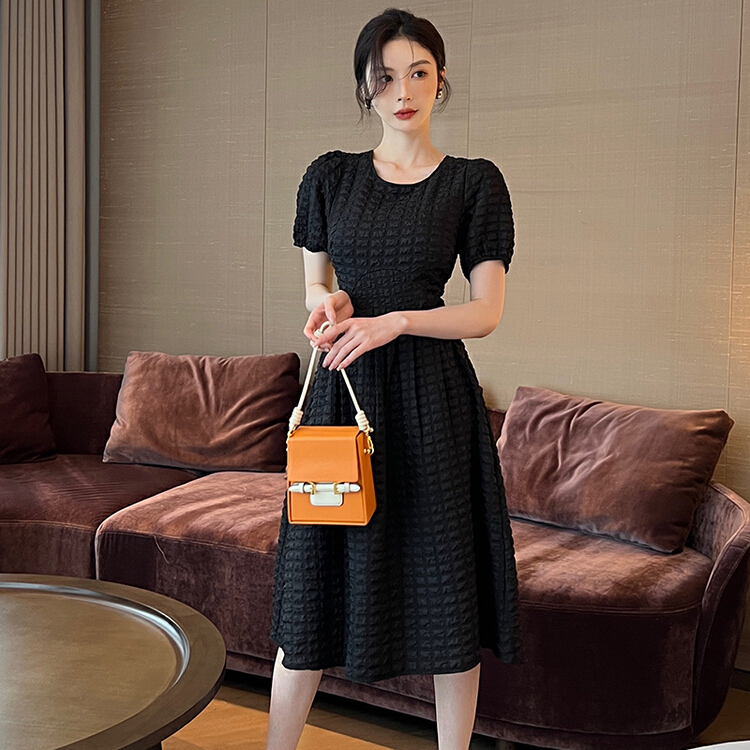 [Hanna Hanna] temperament commuter round neck jacquard slim dress m5251# XJ
