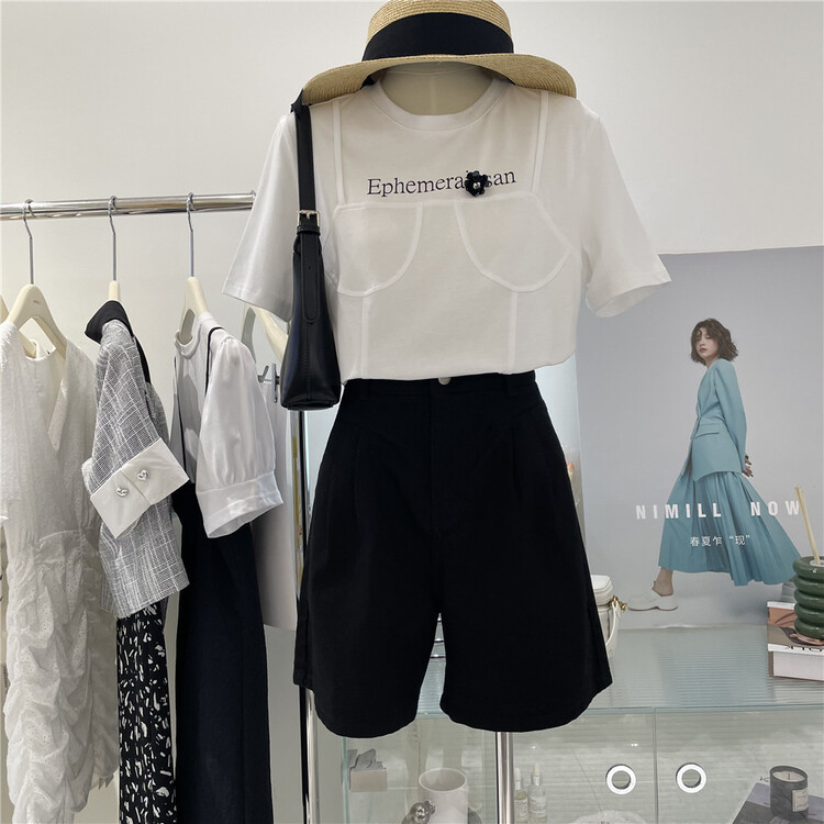 [naimier] letter fashion retro short sleeve T-shirt (with Brooch) ys1-2123# LSW
