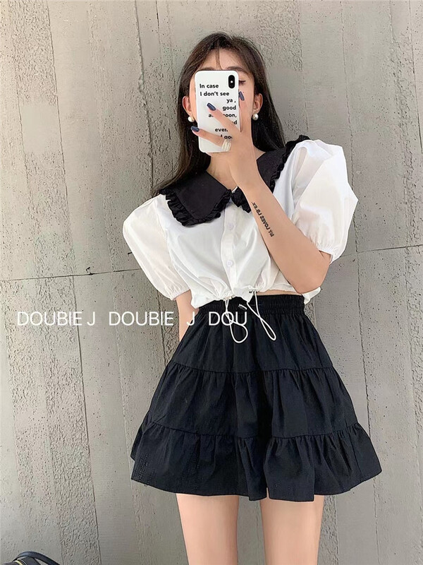 [double. J] Korean version drawstring color matching baby collar shirt 1830# PCZ