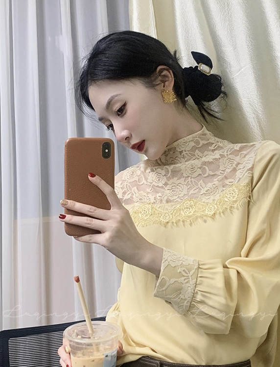 New year in early spring! [savage] French sexy stitching lace neck loose long sleeve shirt e6838# WPL