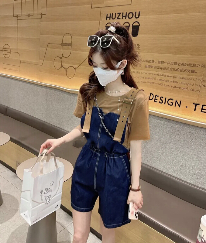 goods in stock! New in early summer! [y.jia Yijia] casual round neck short sleeve + contrast color design feeling suspender Pants Set (only sell sets) ys1-8913# PCZ