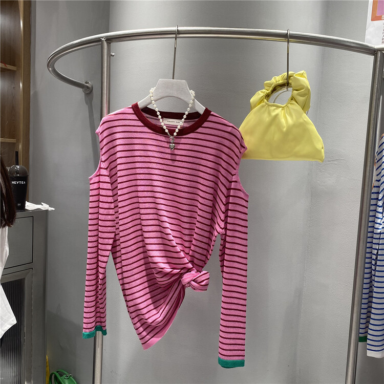New in early summer! [miss happy] simple and versatile loose stripe long sleeve T-shirt 098# WPL
