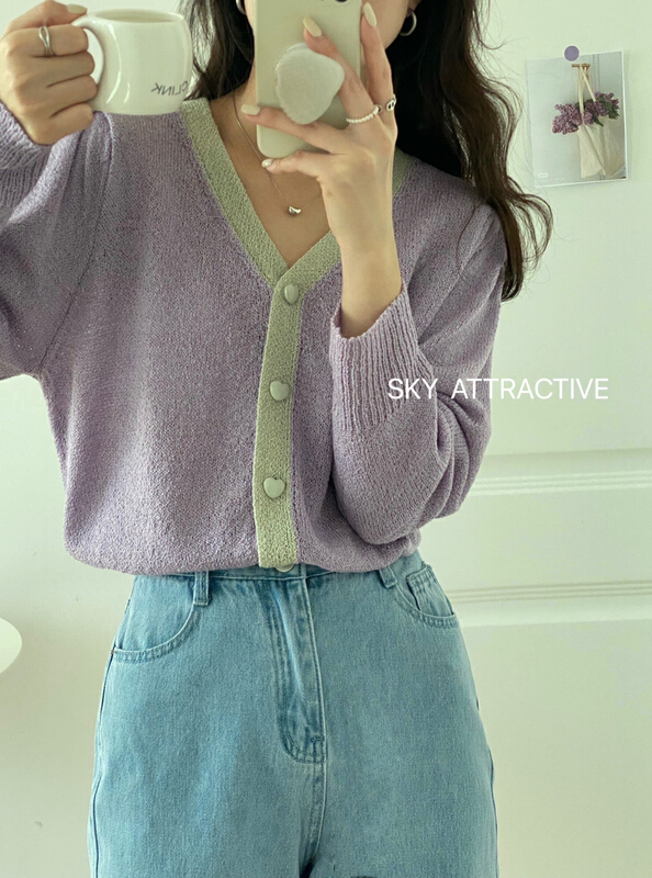 goods in stock! New year in early spring! [sky] V-neck contrast color lady knitted cardigan 588# HBx