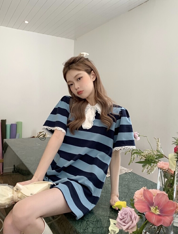 goods in stock! New in early summer! [savage] Korean college stripe short sleeve T-shirt e6950# WPL