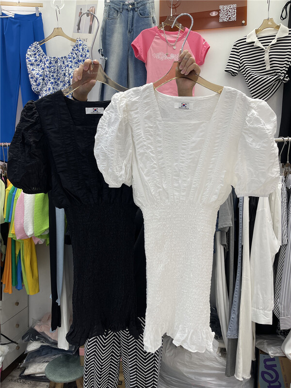 [show] square neck bubble sleeve waist closing dress 88288# ozq