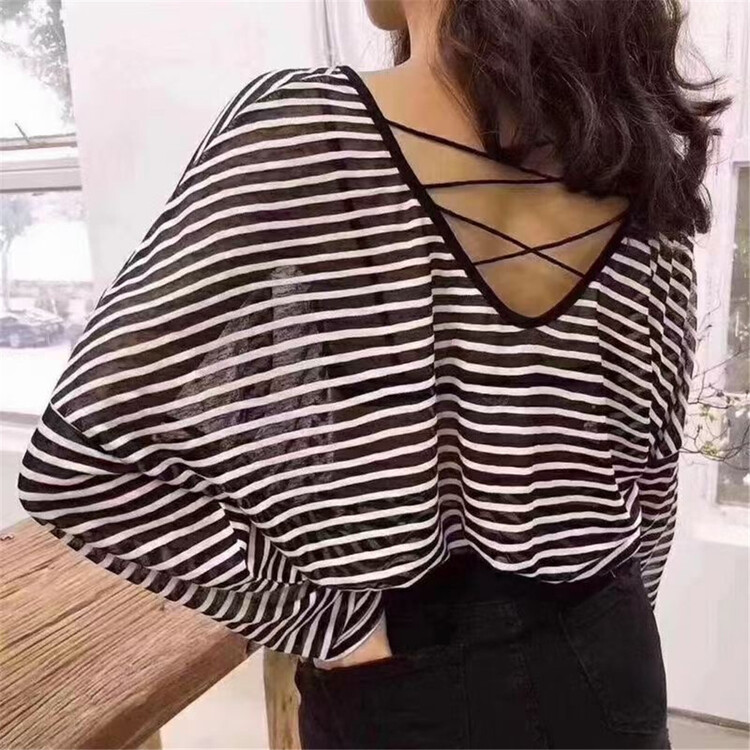 [s'seven] cross niche design stripe sunscreen shirt 2987# XYJ