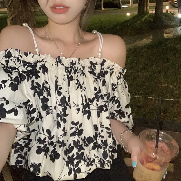 [dolly] off shoulder bubble sleeve floral blouse 9933# LSW