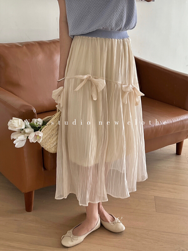New in early summer! [ing] sweet aging elastic waist bow mesh skirt 7690# HBx