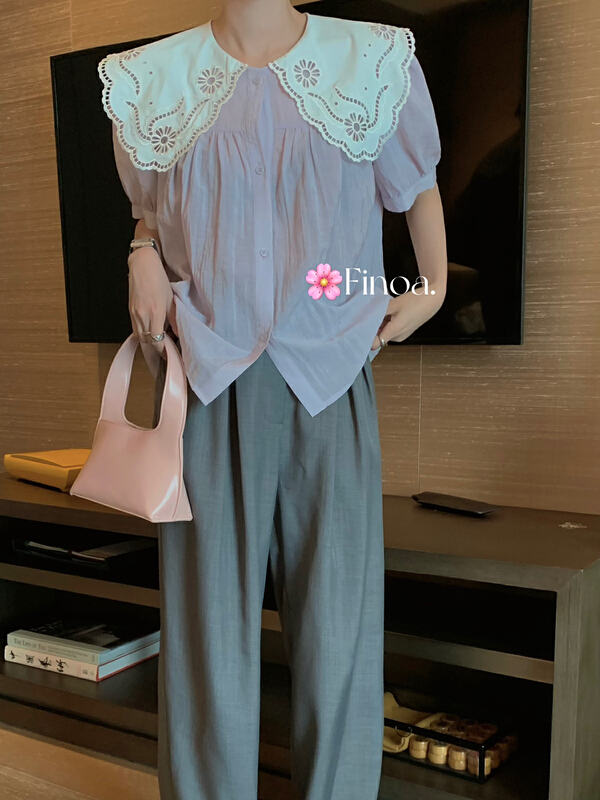 Original price: 97.99! New in early summer! [finoa] Korean version hollow out hook flower princess collar hanging chiffon shirt 10359# CLS
