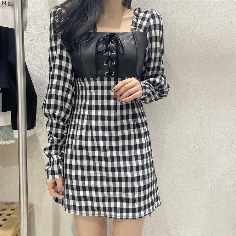 goods in stock! Early spring Shangxin [NC edition] Korean black and White Checkered lace up dress z2301# zxx