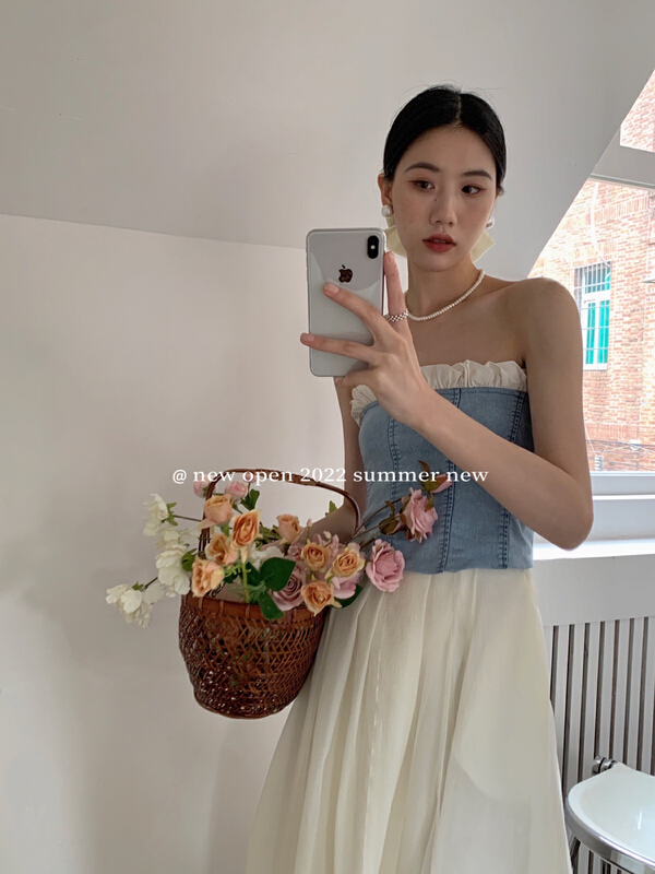[new open] summer Korean version slim fit and versatile design sense cowboy splicing Strapless vest women's blouse gy22708# zxl