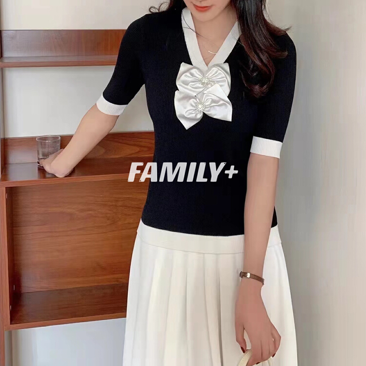 [family +] heavy industry Rhinestone bow decorative sweater (bow can not be removed) 22213# ozq