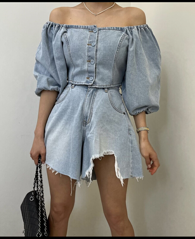 [Yulia] short square neck blouse + irregular slim casual Shorts Set 2223# LSW