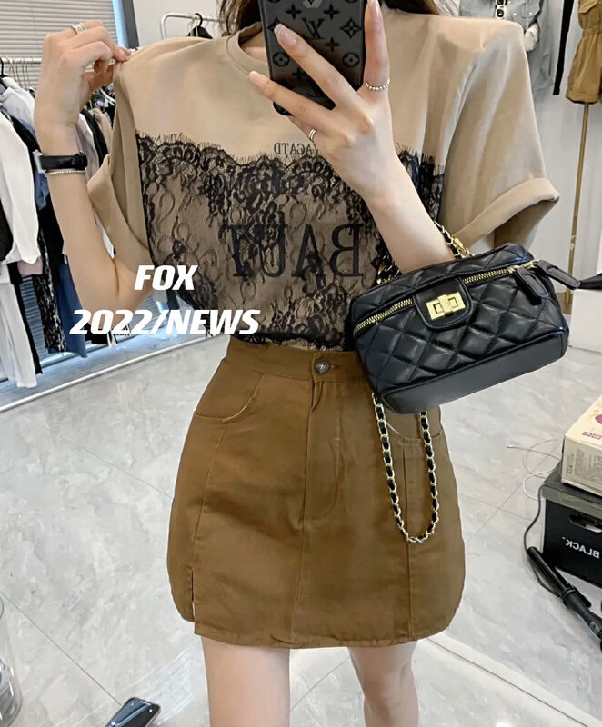 [fox] lace lettered Pullover short sleeve T-shirt 53071# WTT