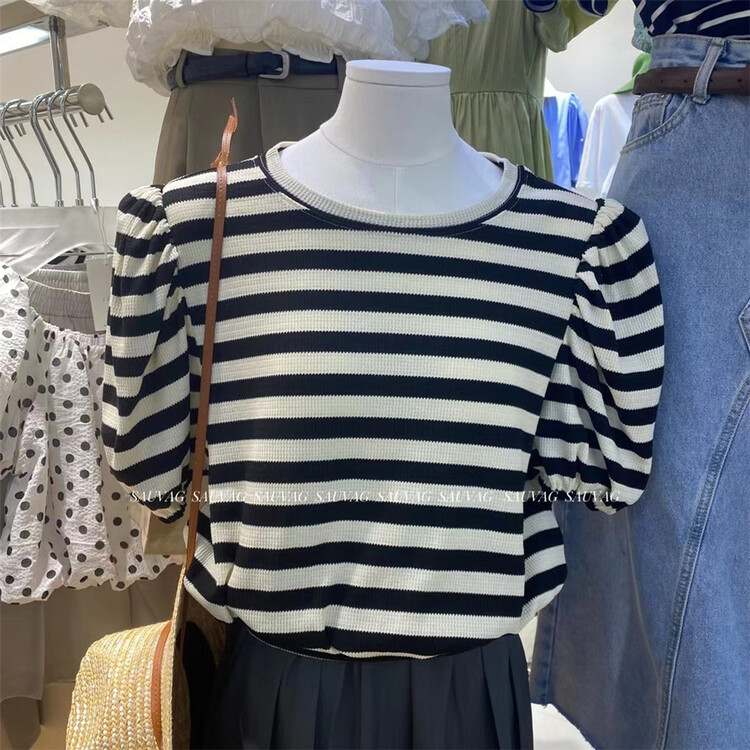 [sauvag] bubble sleeve stripe comfortable blouse c057# ll