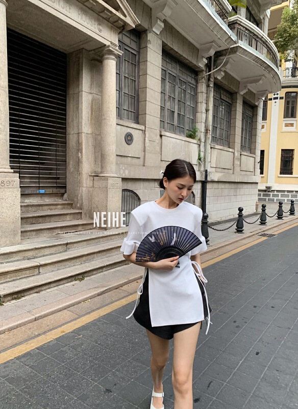 New in early summer! [neihe] lace up slit Ruffle short sleeve T-shirt 22129# zxx