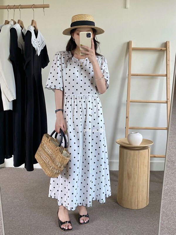 [RS] contrast color corrugated edge polka dot dress dh2101# XYY