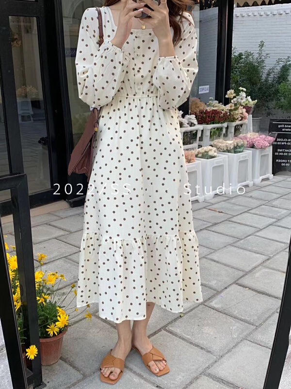 New year in early spring! [JH] temperament square collar wave point long dress (only dresses) 40926# hjy