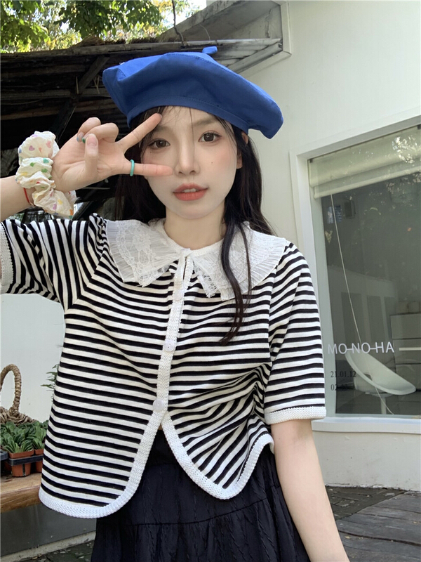 [yes] French minority stripe stitched lace doll neck blouse 33052# ozq
