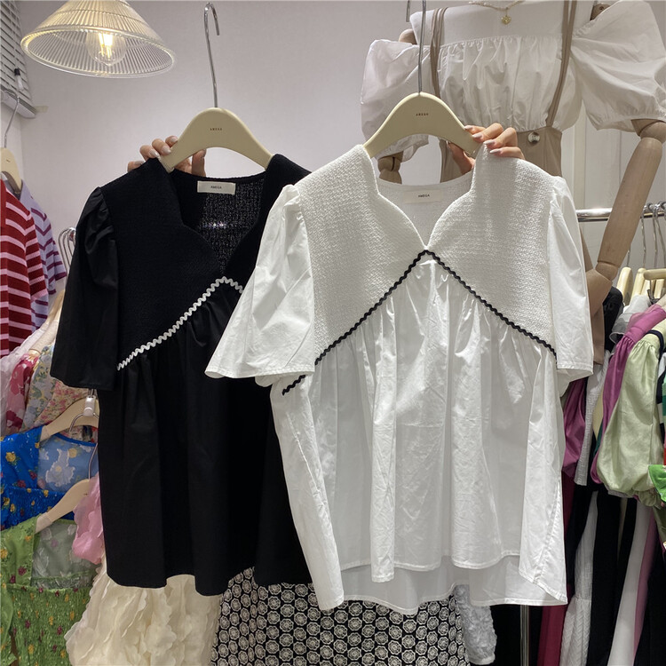 [amega] V-neck casual loose contrast shirt 6966# HBx