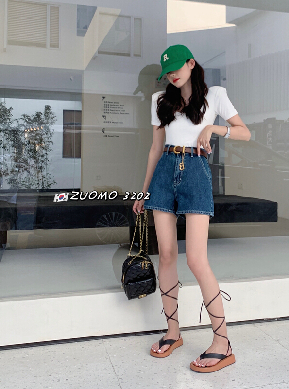 [zuomo Zuo Mo] classic versatile high waist denim shorts (with belt) (without letter pendant) 3202# XJ