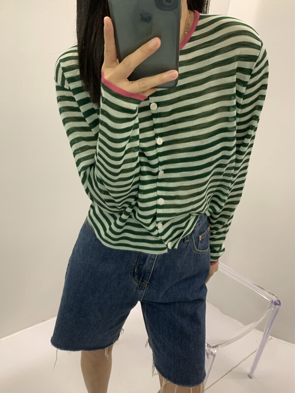 [meet + studio] Korean stripe long sleeve sunscreen knitted cardigan s272# LSL