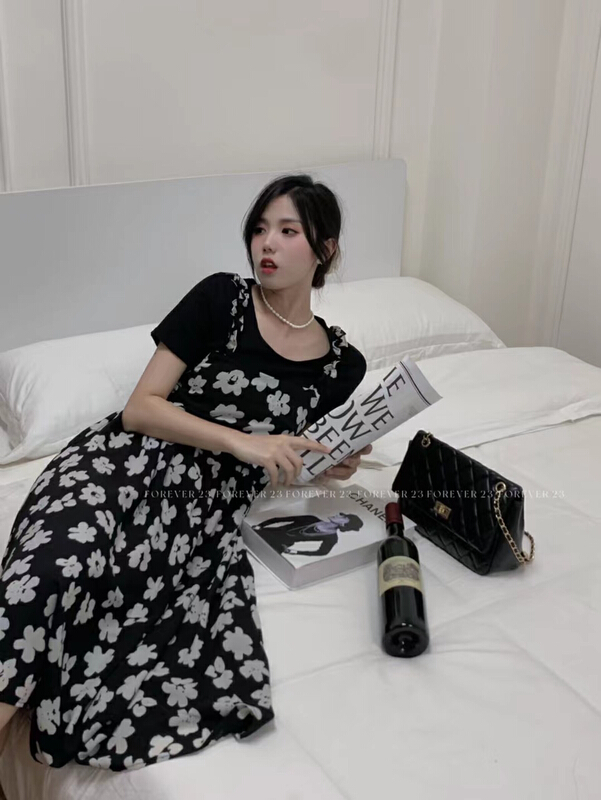 [forever23] Korean slim short sleeve T-shirt + temperament floret dress set a2061# hjy