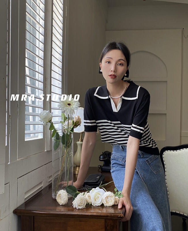 [MRA] slim literary temperament stripe Lapel linen short sleeve T-shirt m1853# zxl