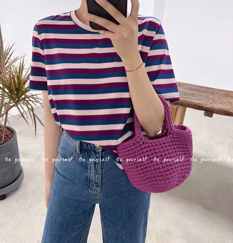 New in early summer! [be your self] Korean casual color stripe short sleeve T-shirt t66139# LSL
