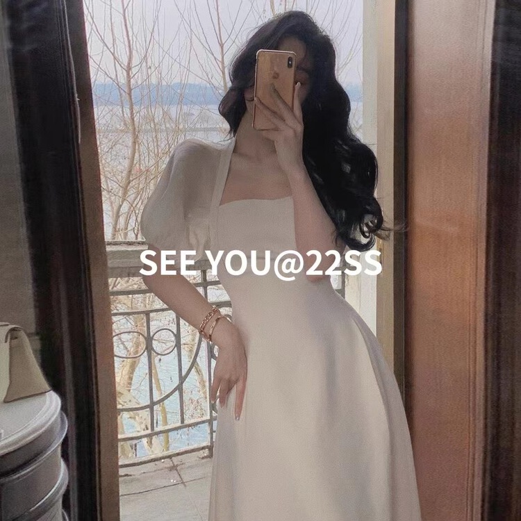 現貨!初夏上新!【SEE YOU】氣質撞色泡泡袖方領假兩件連衣裙  3729#  PCZ