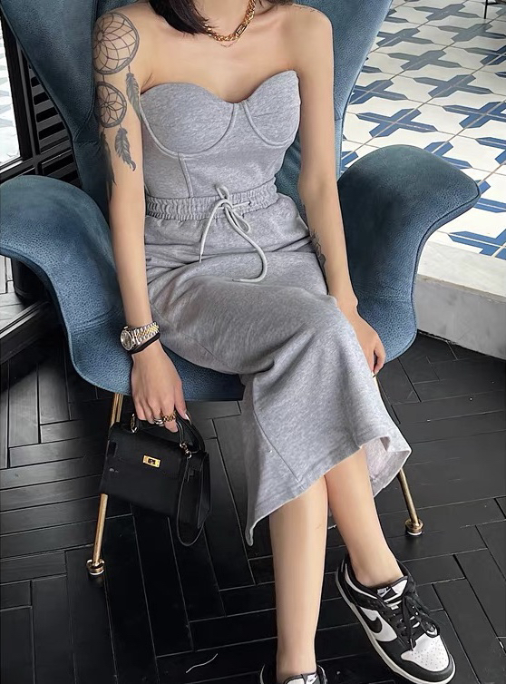 [top] Korean simple strapless Vest + elastic waist medium length skirt suit 3082# zjy