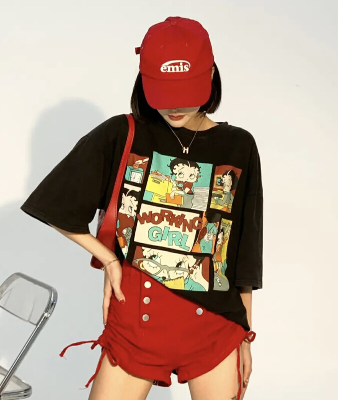 goods in stock! New in early summer! [JH] cartoon design cotton T-shirt + drawstring Denim Shorts Set (only set) 41374# PCZ