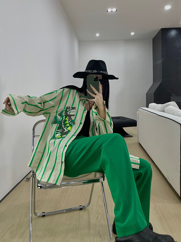 [Nancy] embroidered little dinosaur loose stripe shirt bs8988# WPL