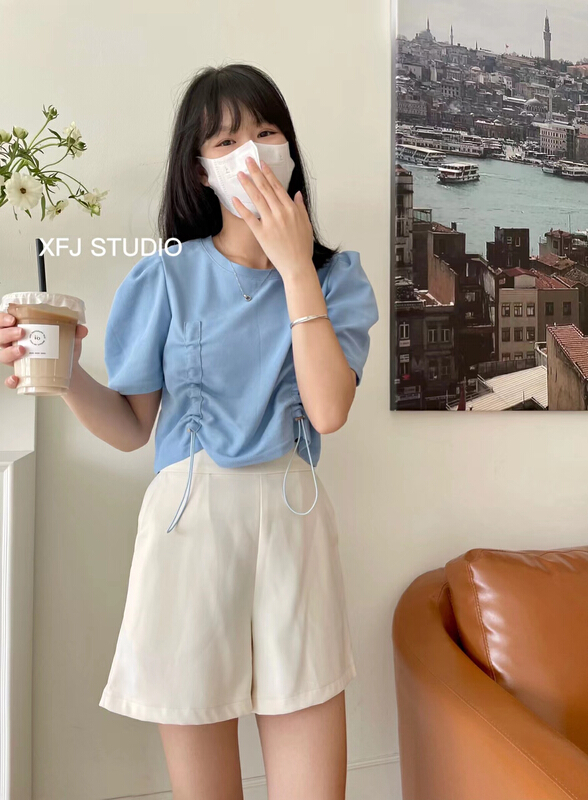 [Xiaofan's family] be careful with machine drawcord pleated shirt 6160# LSW