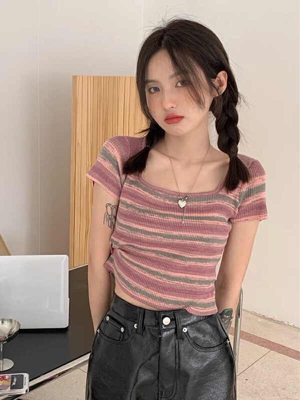 [Zoe Zoe] ins color stripe short square neck blouse c202215# L