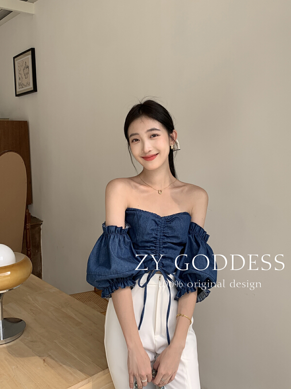 goods in stock! Update in advance! 68211# [ZY] Korean skinny denim Strapless blouse ys1-68211# ozq