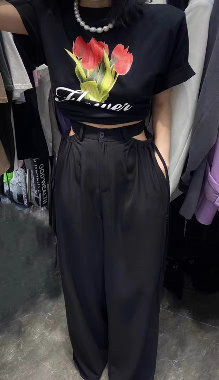 [c.h.z] Korean version slim, fashionable, high waist, wide leg strap, open waist design casual pants 80069\wtt