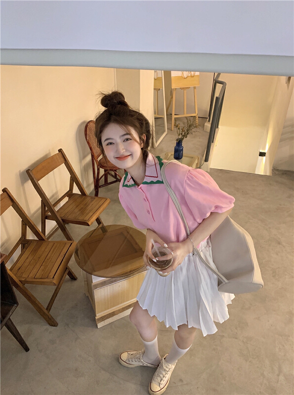 New in early summer! [timely rain] Han Feng ins sweet girl powder design sense contrast color polo collar short sleeve T-shirt 00022-1# WPL