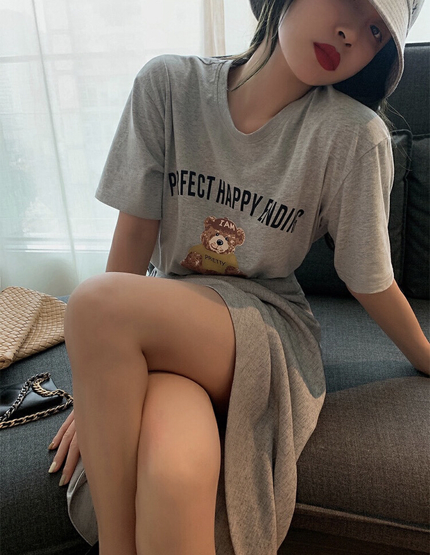 Early spring! [LML] Korean round neck contrast color bear letter print loose short sleeve T-shirt 0152# ozq