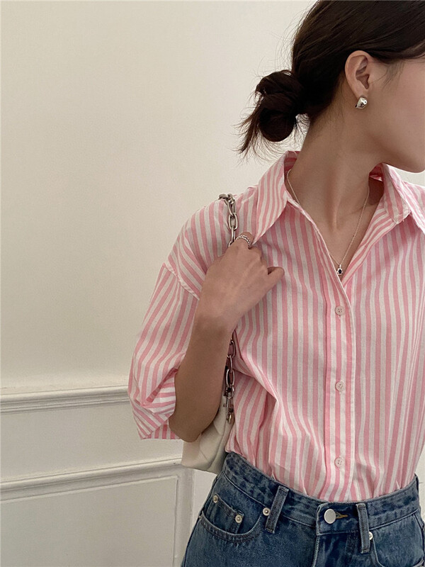 [in by in] Korean vertical stripe short sleeve shirt 0809# zjy